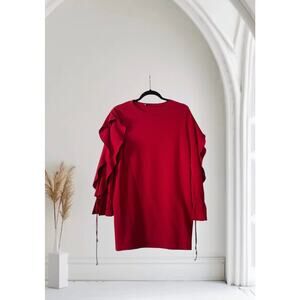 Zara Fun & Flirty Red Cotton Open Ruffle Sleeve Sweatshirt Dress Medium